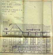 Dessin d'archive: façade principale, terrasse et fenêtres dans les combles (8.3.1948)