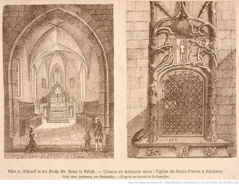 Fichier:Chœur et armoire dans l'Eglise de Saint-Pierre à Echery, 1891, BNUS.jpg