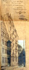 Dessin d'archive: côté du quai des Bateliers, avec extraits de photos (15.3.1912)