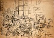 Dessin spontané de Tim Helmlinger : la mère lit une histoire à ses enfants (coll. part.)