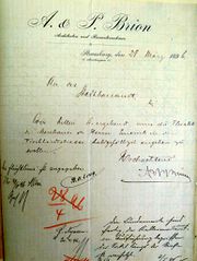 Document d'archive: courrier de l'entreprise A. et P. Brion, signalant son éventuelle participation à l'édification de la villa (28.3.1896)