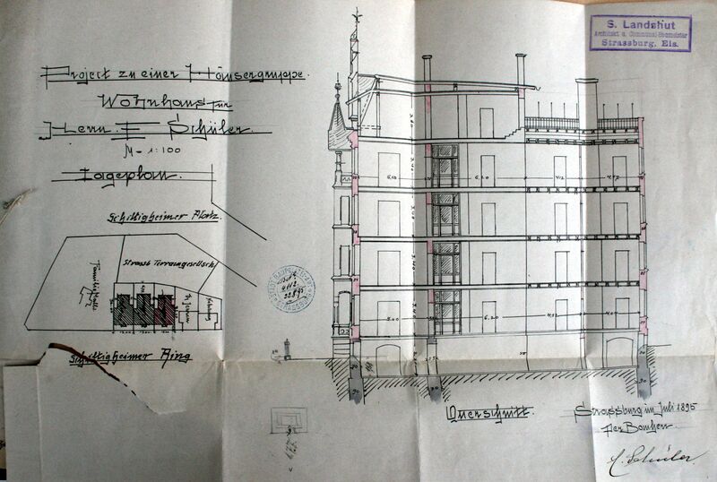 Fichier:3) Plan de situation et coupe de Samuel Landshut pour les 3 immeubles, 1895, 783W50.jpg