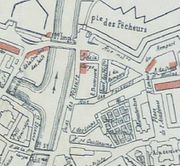 détail du plan de 1871, indiquant en rouge les immeubles détruits.