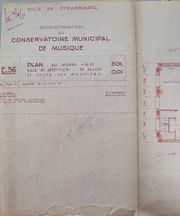 Dessin d'archive : cartouche d'un plan de reconstruction du conservatoire municipal de musique