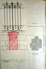 Dessin d'archive: dessin de la clôture au verso du courrier du 25.2.1882 signé par l'architecte Mayer.