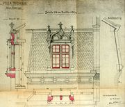 Dessin d'archive: détails concernant la toiture de l'avant-corps avec sa lucarne néo-gothique (pinacles, arc en accolade, lobes)