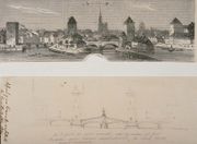 BNU [archive] Vue des Ponts couverts en 1864. Celui du centre est déjà en pierre alors que les autres sont encore en bois sur la perspective. Le dessin du bas réalisé par l'architecte de la ville montre le projet tel qu'il doit être réalisé.