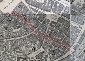 plan de 1852 avec en rouge le tracée de la percée dans le bâti ancien (début XXe le parcellaire était quasiment inchangé)