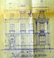 Dessin d'archive: premier dessin de la façade contenu dans le dossier (détail) (1939)
