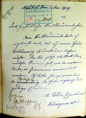 Document d'archive: demande d'autorisation de con struire signée par Matthias Weber (5.5.1909)