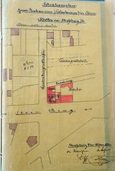 Dessin d'archive : plan de situation (1892), où l'on voit que Andreas Ess a probablement été le maître d'oeuvre de plusieurs immeubles du secteur (coloriés en rouge)
