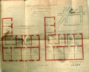 Dessin d'archive : plans des étages supérieurs et plan de situation